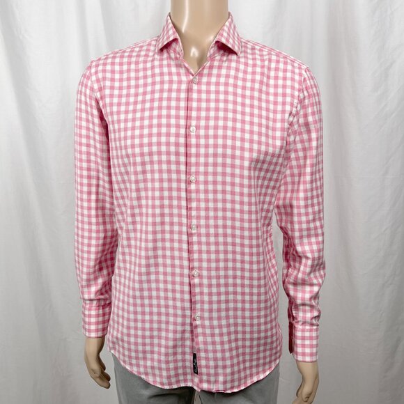 Hugo Boss Men's Size 16 Pink White Gingham Slim Fit Long Sleeve Button-Up Shirt - Picture 1 of 7